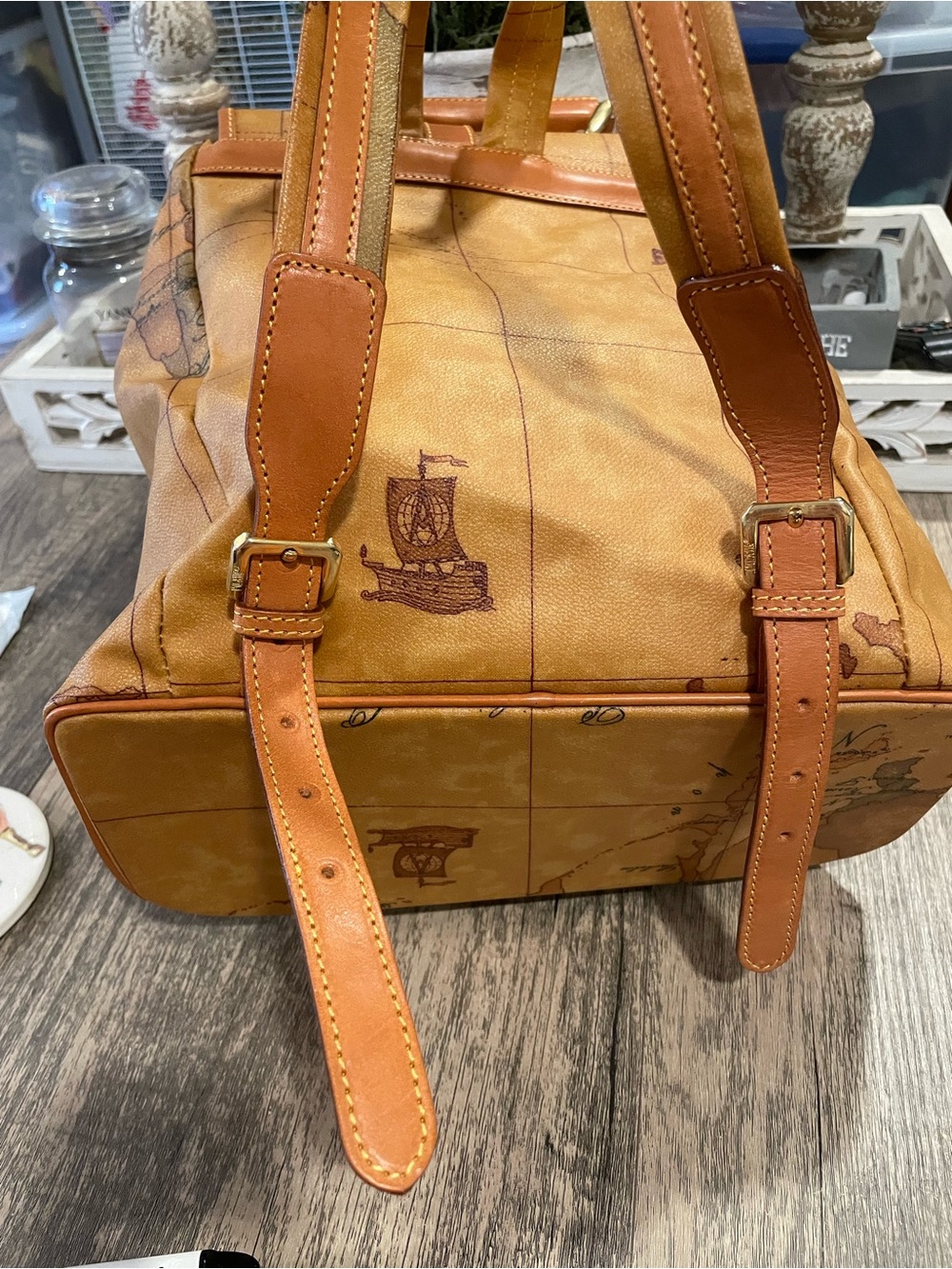 Alviero Martini Tan Map-Print Leather Backpack with Gold Hardware - Picture 8 of 13